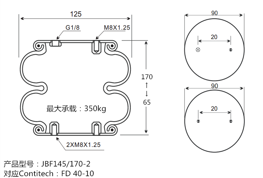 JBF145-170-2型<a href='/' target='_blank'><u>空氣彈簧</u></a>產品圖紙